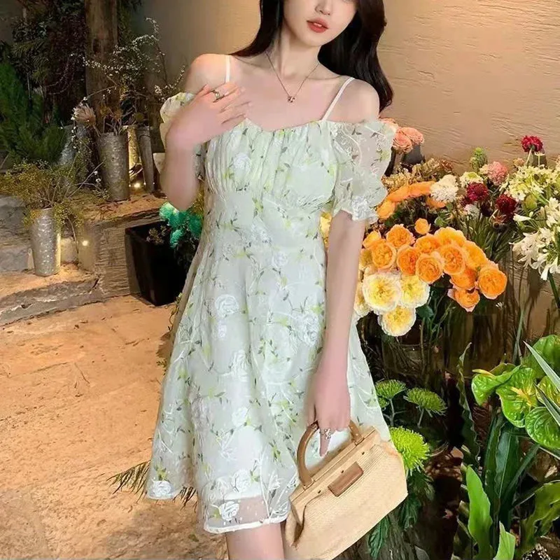 2024 Fairycore Embroidery French Temperament Light Green Mini Floral Dress