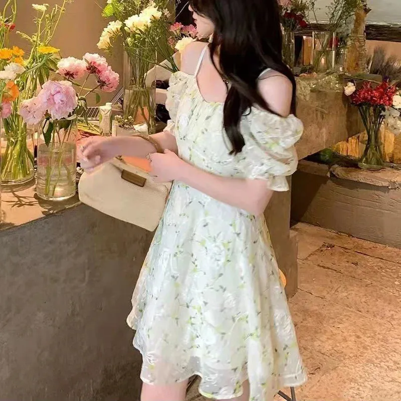 2024 Fairycore Embroidery French Temperament Light Green Mini Floral Dress