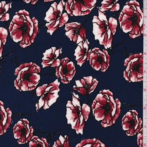 3 1/4 YD PC-Navy/Berry Floral Double Brushed Jersey Knit Fabric