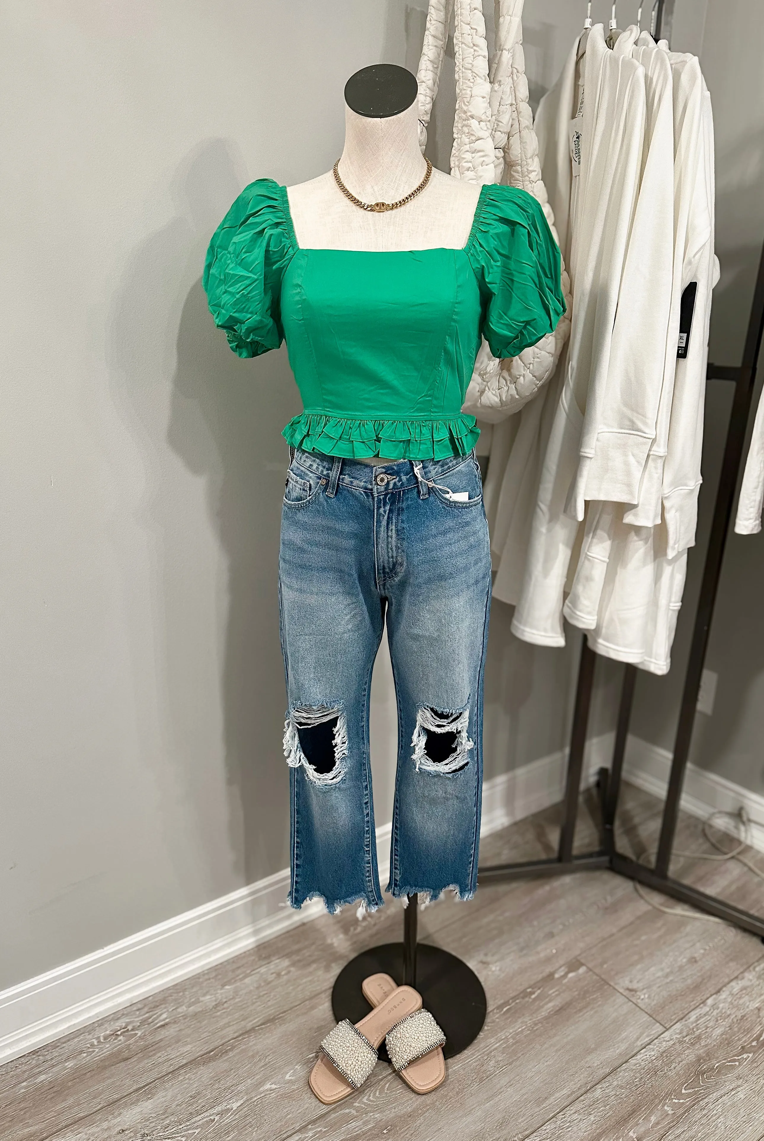 A Simple Life Balloon Sleeve Top: Kelly Green