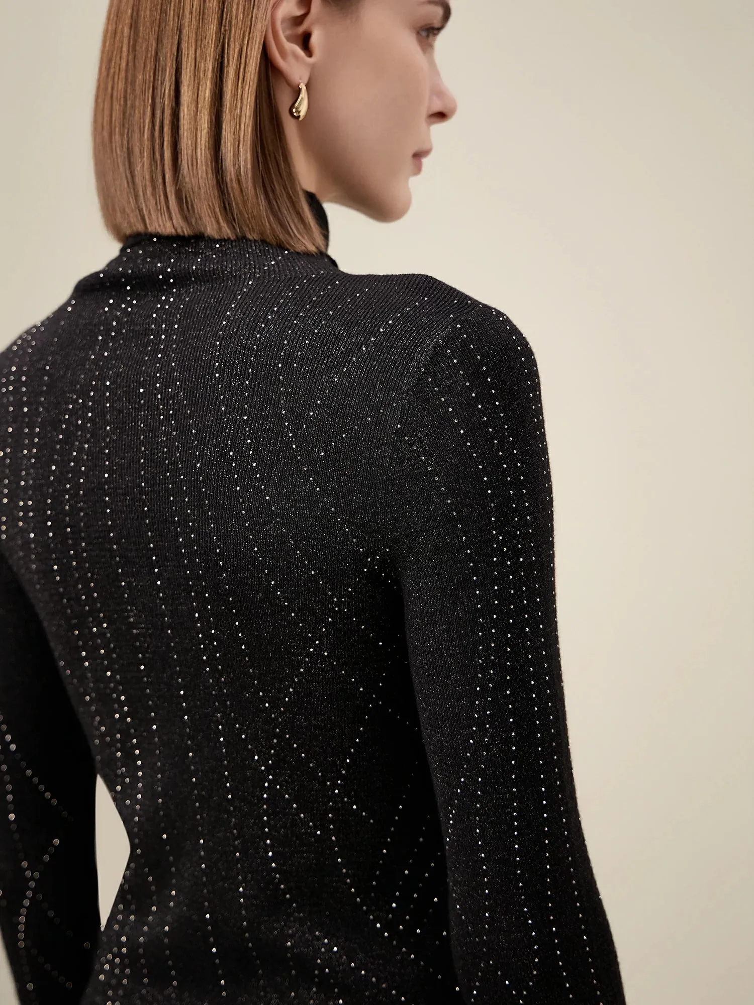 Amoretu High Neck Rhinestones Metallic Thread Knit Sweater