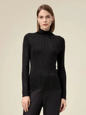 Amoretu High Neck Rhinestones Metallic Thread Knit Sweater