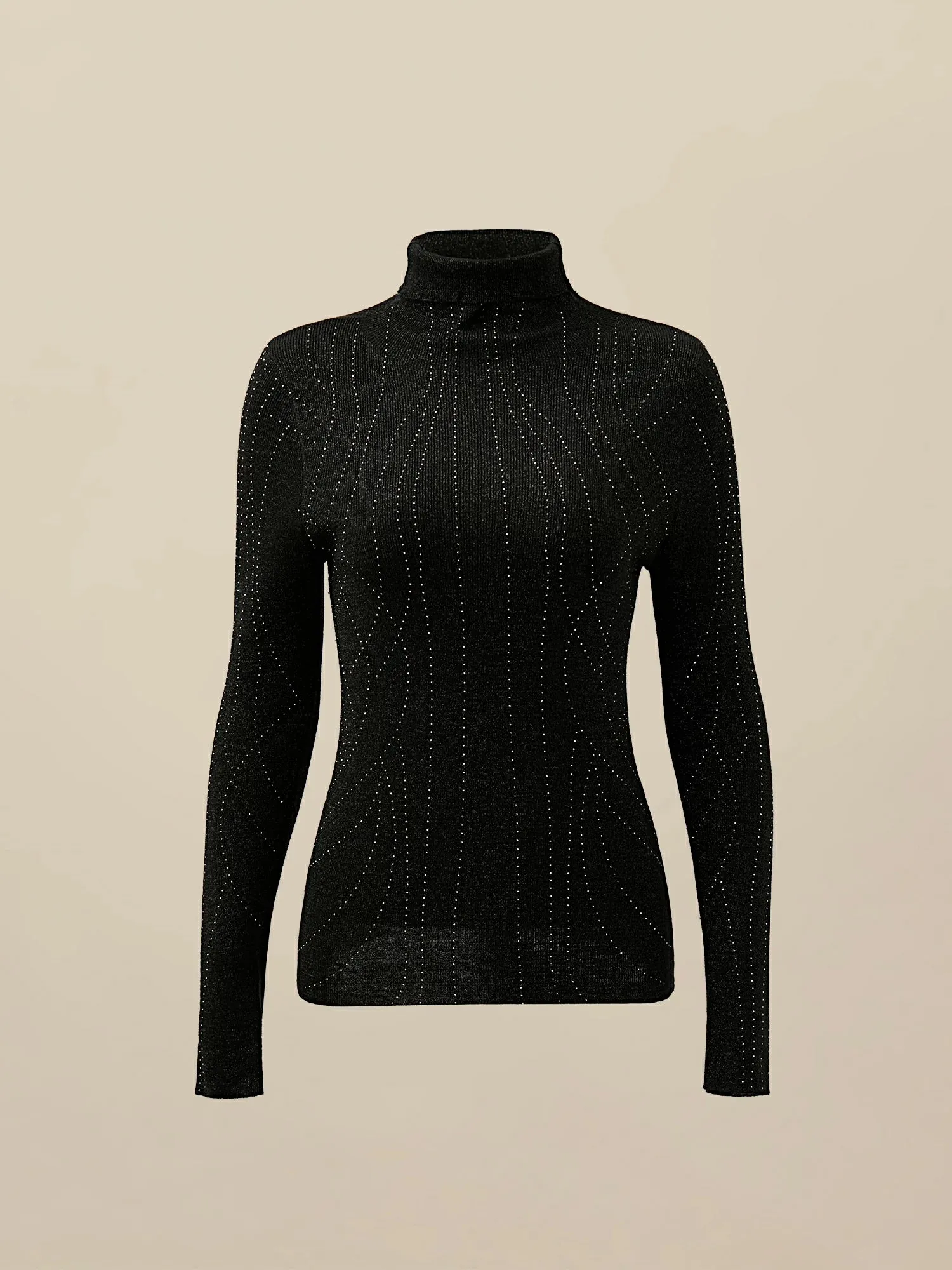 Amoretu High Neck Rhinestones Metallic Thread Knit Sweater