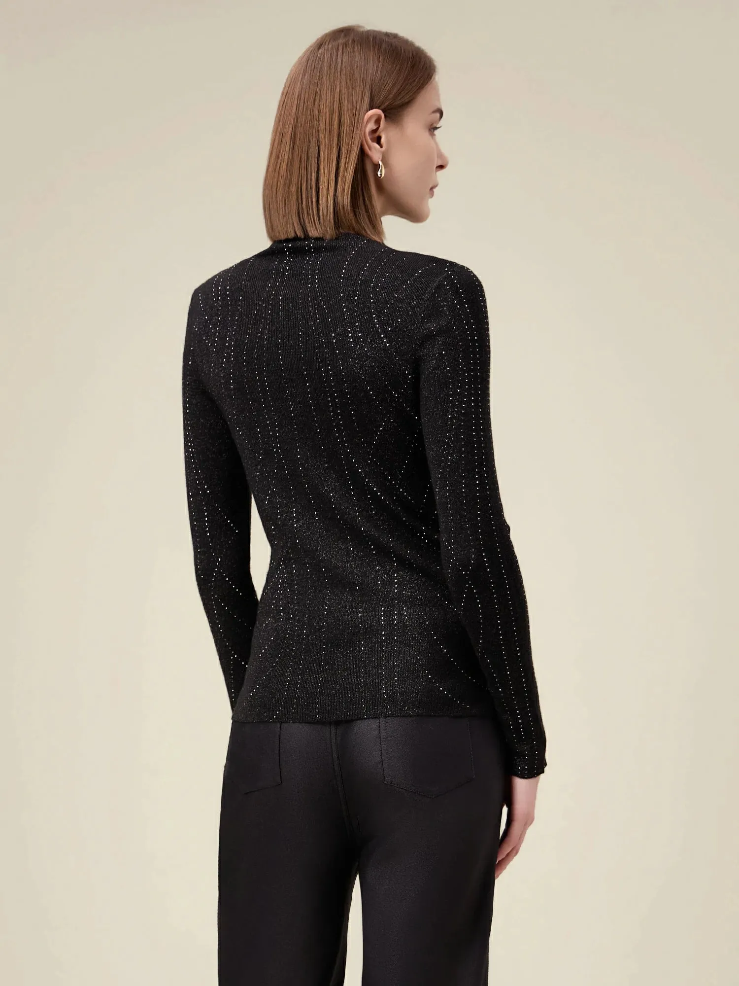 Amoretu High Neck Rhinestones Metallic Thread Knit Sweater