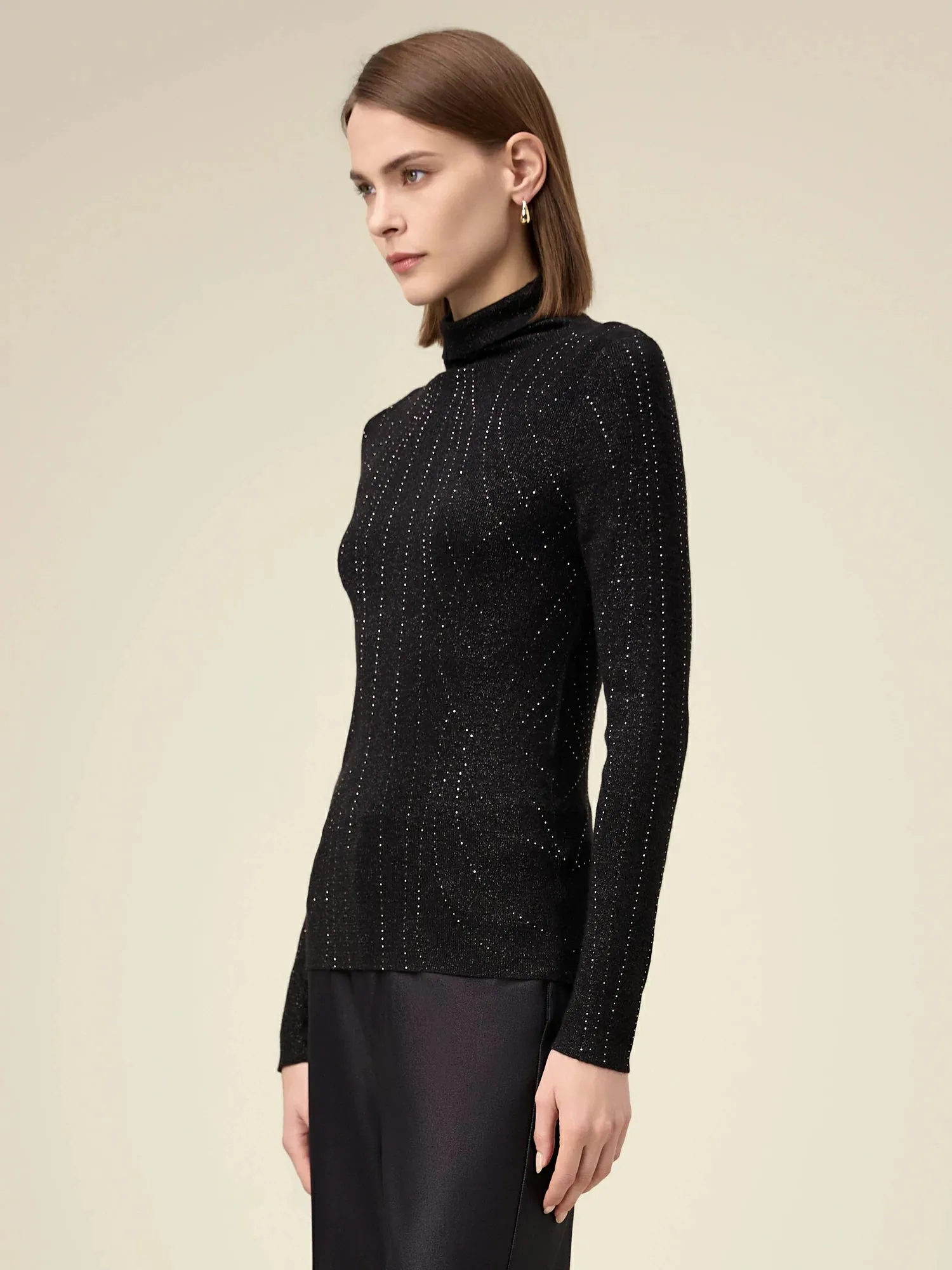 Amoretu High Neck Rhinestones Metallic Thread Knit Sweater