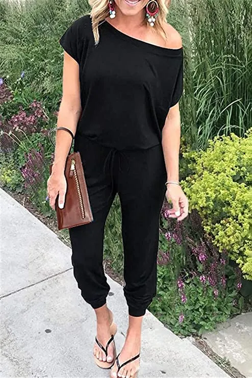 Black Half Sleeve Summer Jumpsuit Rompers Off Shoulder for Women with Pockets Casual Elastic Waist - KAY SINN