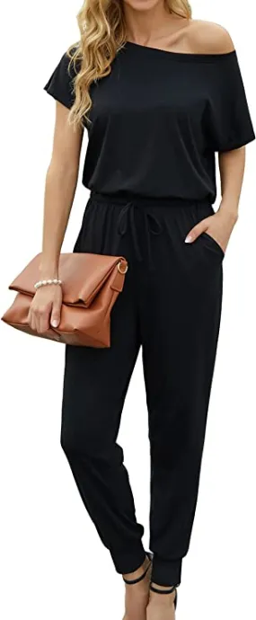 Black Half Sleeve Summer Jumpsuit Rompers Off Shoulder for Women with Pockets Casual Elastic Waist - KAY SINN