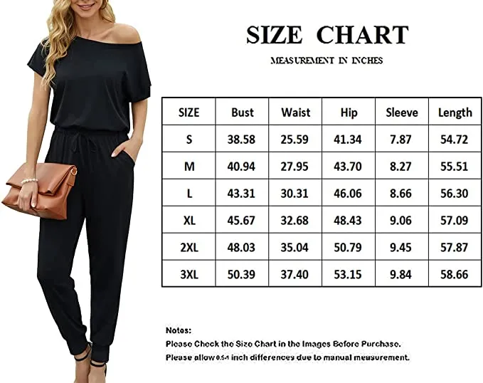 Black Half Sleeve Summer Jumpsuit Rompers Off Shoulder for Women with Pockets Casual Elastic Waist - KAY SINN