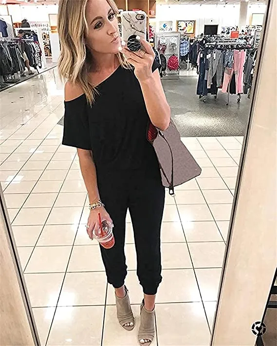 Black Half Sleeve Summer Jumpsuit Rompers Off Shoulder for Women with Pockets Casual Elastic Waist - KAY SINN