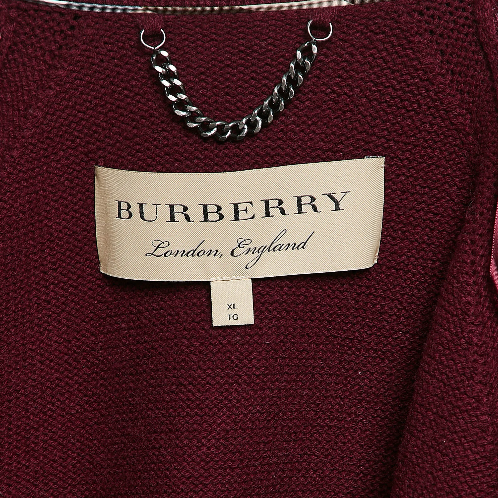 Burberry Burgundy Rib Knit Shawl Collar Cardigan