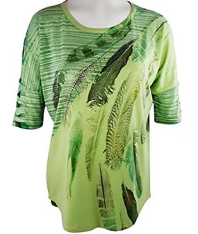 California Bloom Lime Geometric Print Top, Scoop Neck with Rhinestone Accents