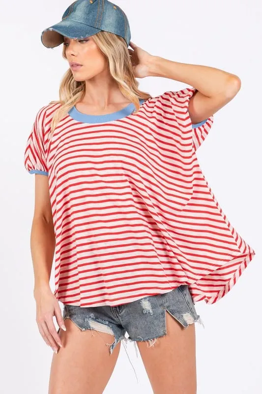 Ces Femme Striped Round Neck Short Sleeve T-Shirt