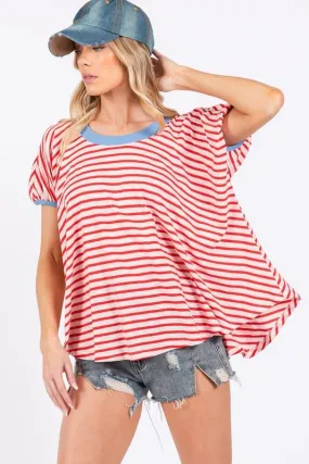 Ces Femme Striped Round Neck Short Sleeve T-Shirt