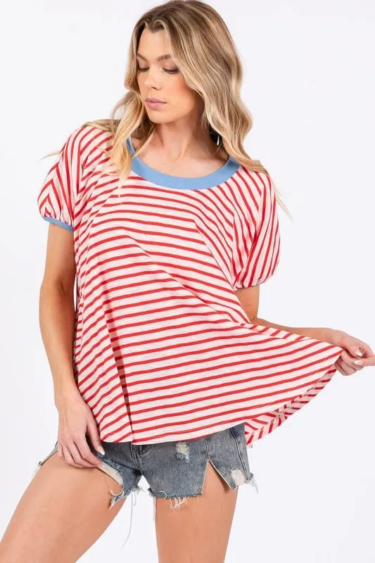 Ces Femme Striped Round Neck Short Sleeve T-Shirt