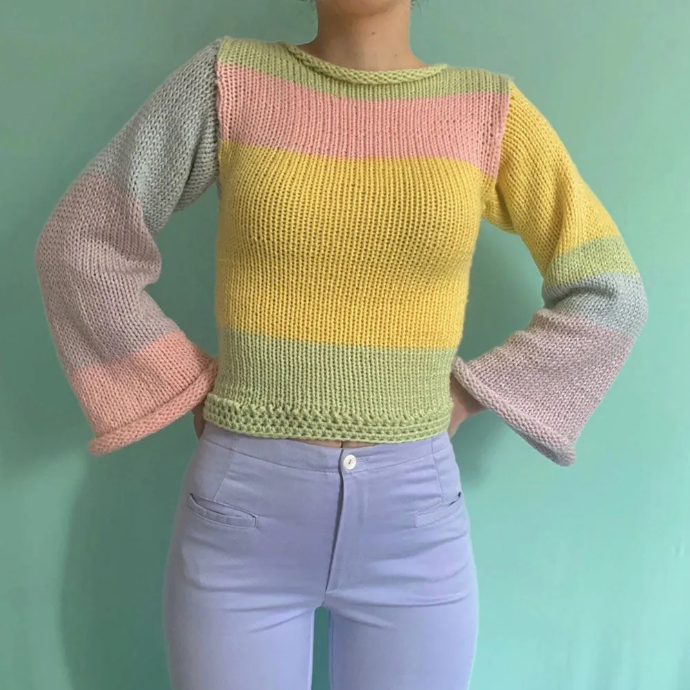 Color Block Crew Neck Bell Sleeve Roll Trim Cropped Knit Sweater