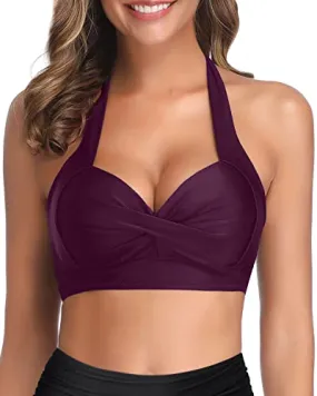 Comfortable Push Up Halter Bikini Top-Maroon