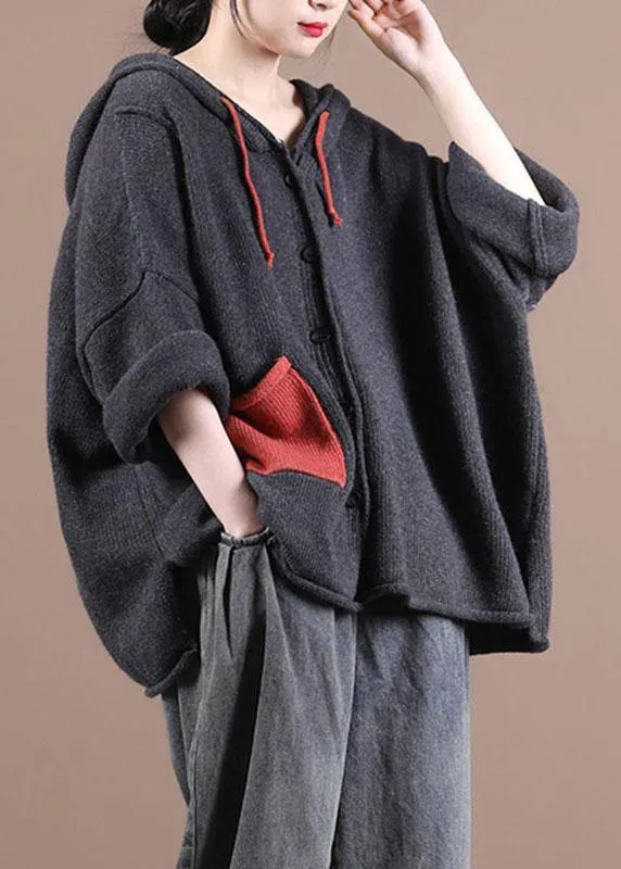 Comfy Dark Grey hooded Pockets Sweater Coat