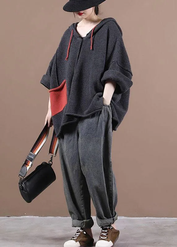 Comfy Dark Grey hooded Pockets Sweater Coat