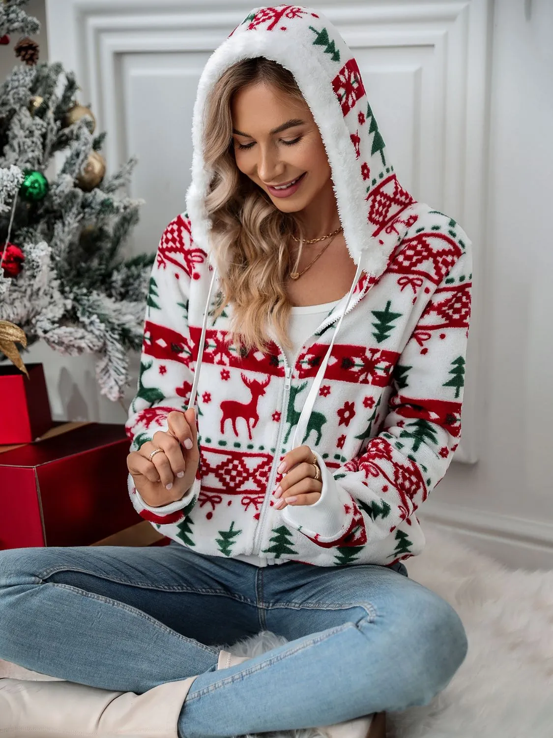 Cozy Christmas Deer Zip Up Hooded Jacket