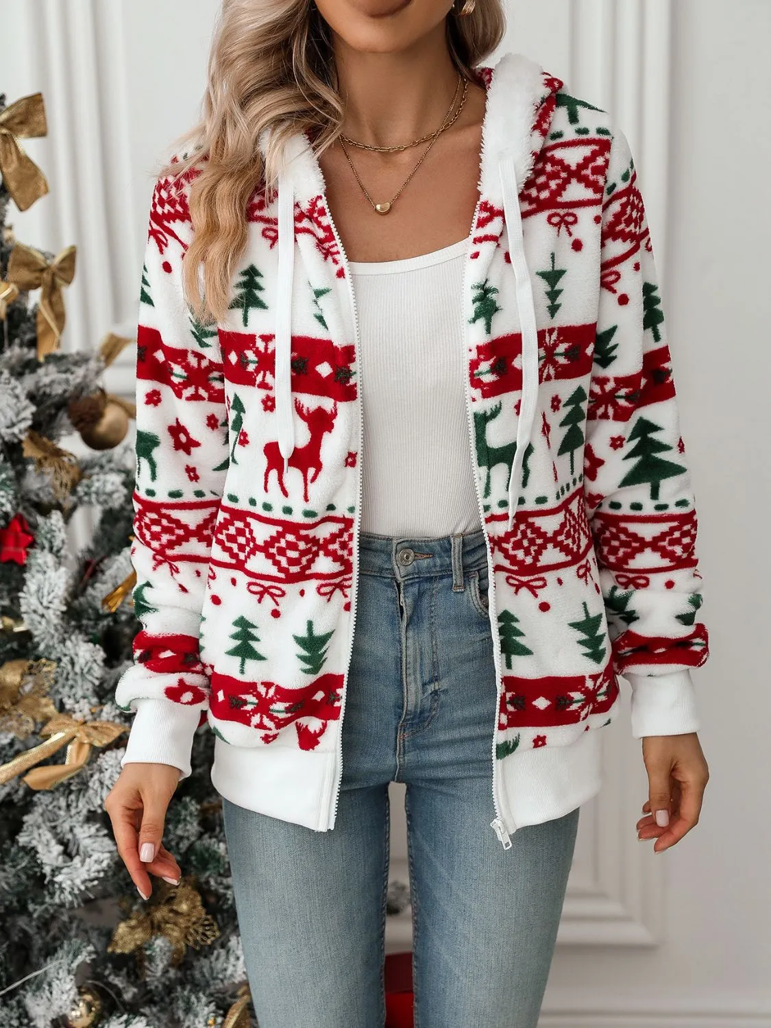 Cozy Christmas Deer Zip Up Hooded Jacket