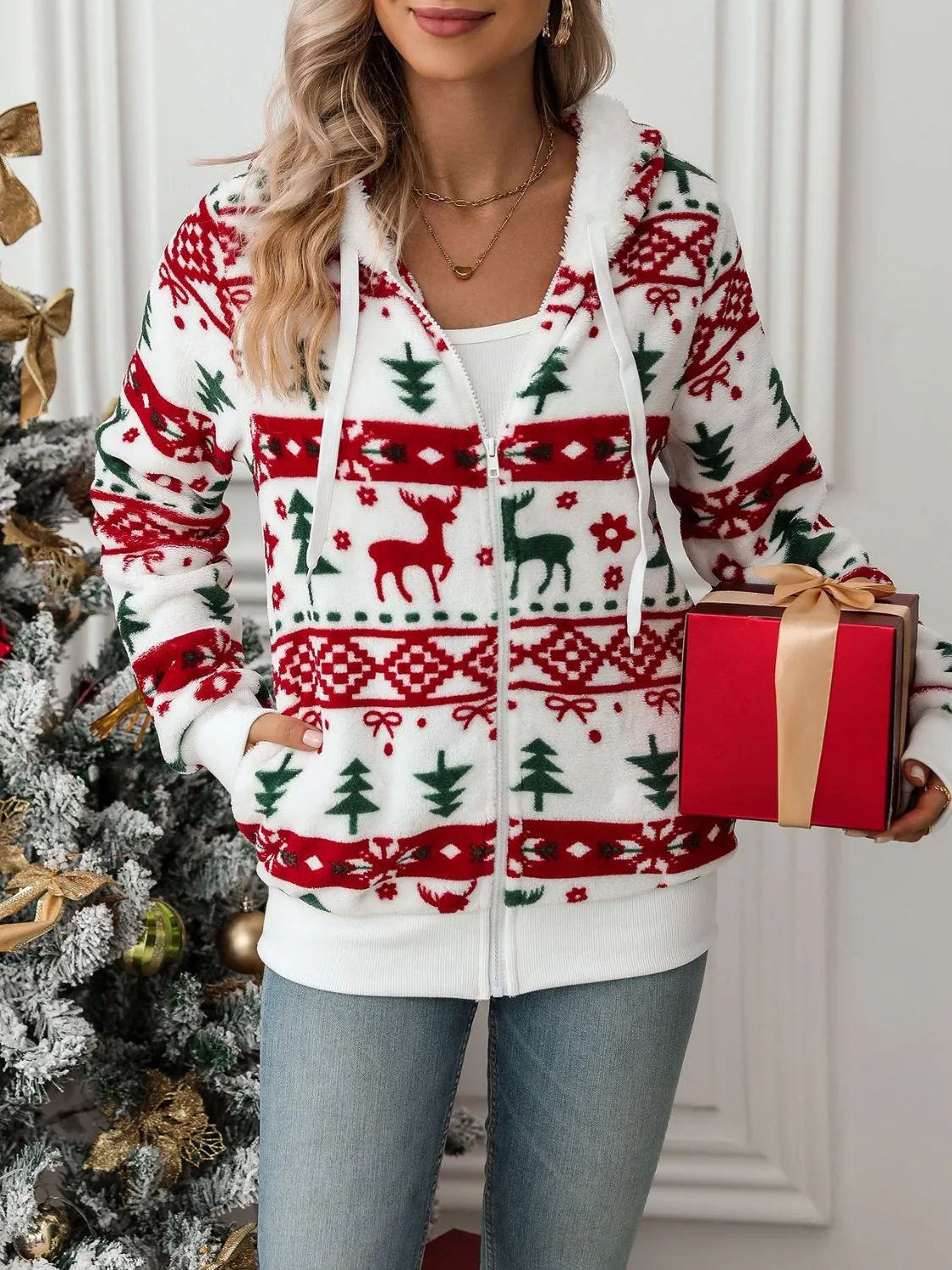 Cozy Christmas Deer Zip Up Hooded Jacket