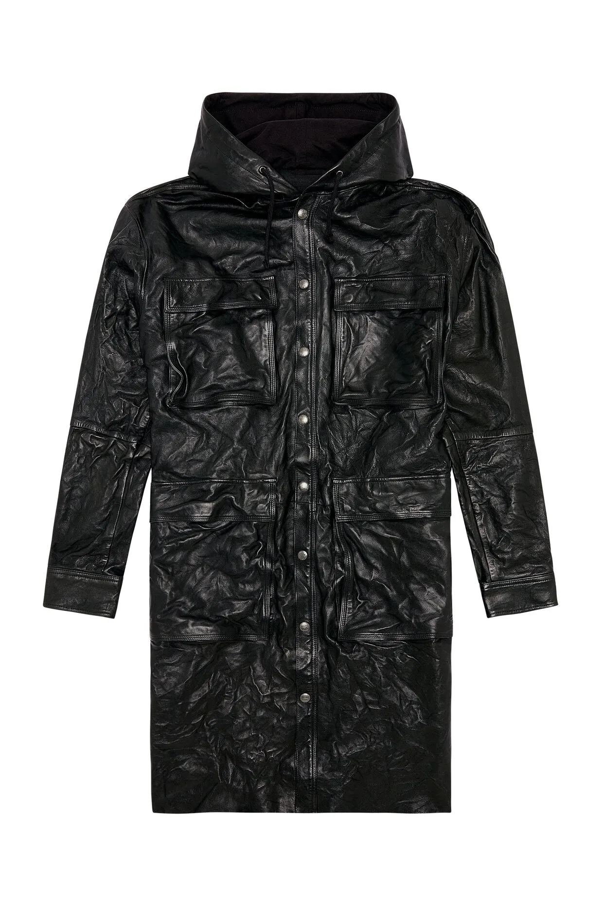 Diesel L-bat Hooded Coat In Bubble Leather Jacket Black