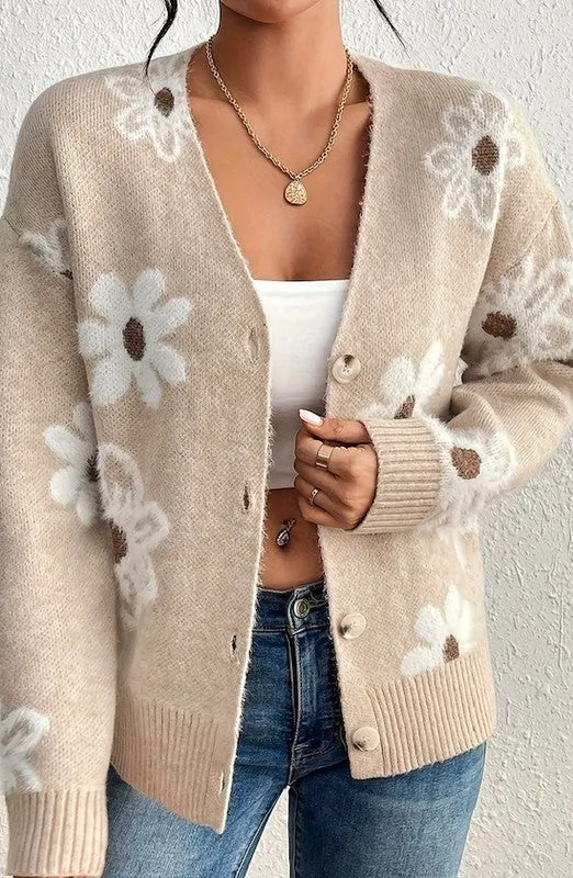 Floral Pattern Knit Grey Long Sleeve Cardigan