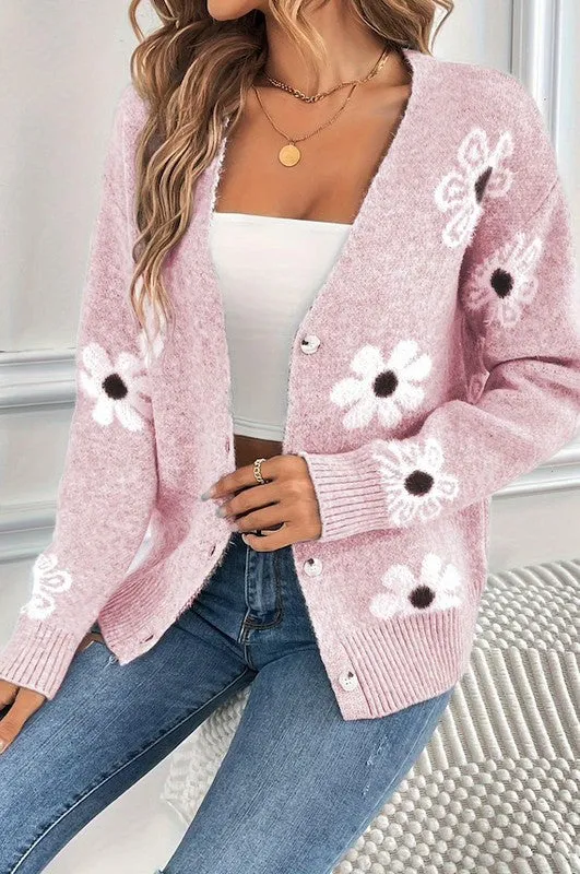 Floral Pattern Knit Pink Long Sleeve Cardigan