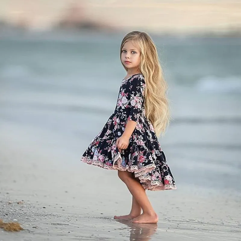 Girls Floral Print Lace Decor Trim Dress - ONLY 1 LEFT !!!