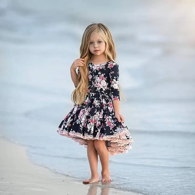 Girls Floral Print Lace Decor Trim Dress - ONLY 1 LEFT !!!