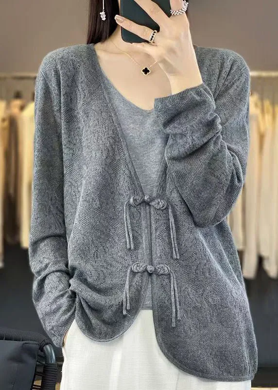 Grey Solid Cozy Knit Cardigans V Neck Long Sleeve AB1048