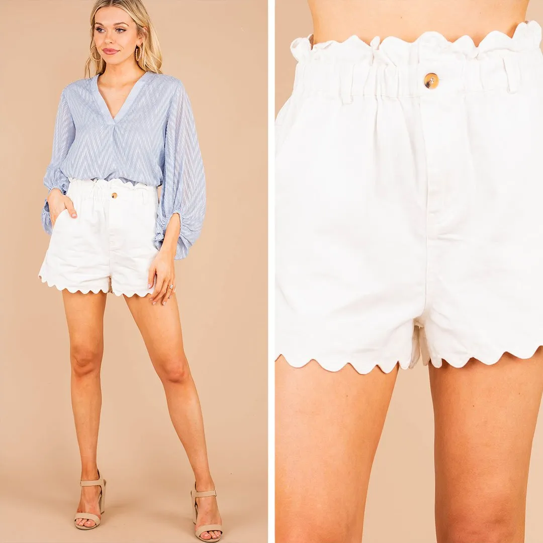 Here To Relax White Denim Scalloped Shorts