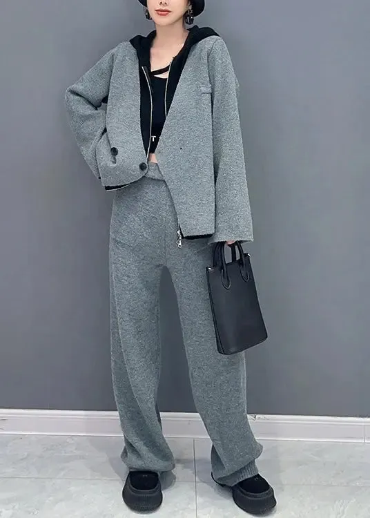 Hooded Tops And Pants Woolen Two Piece Set Fall