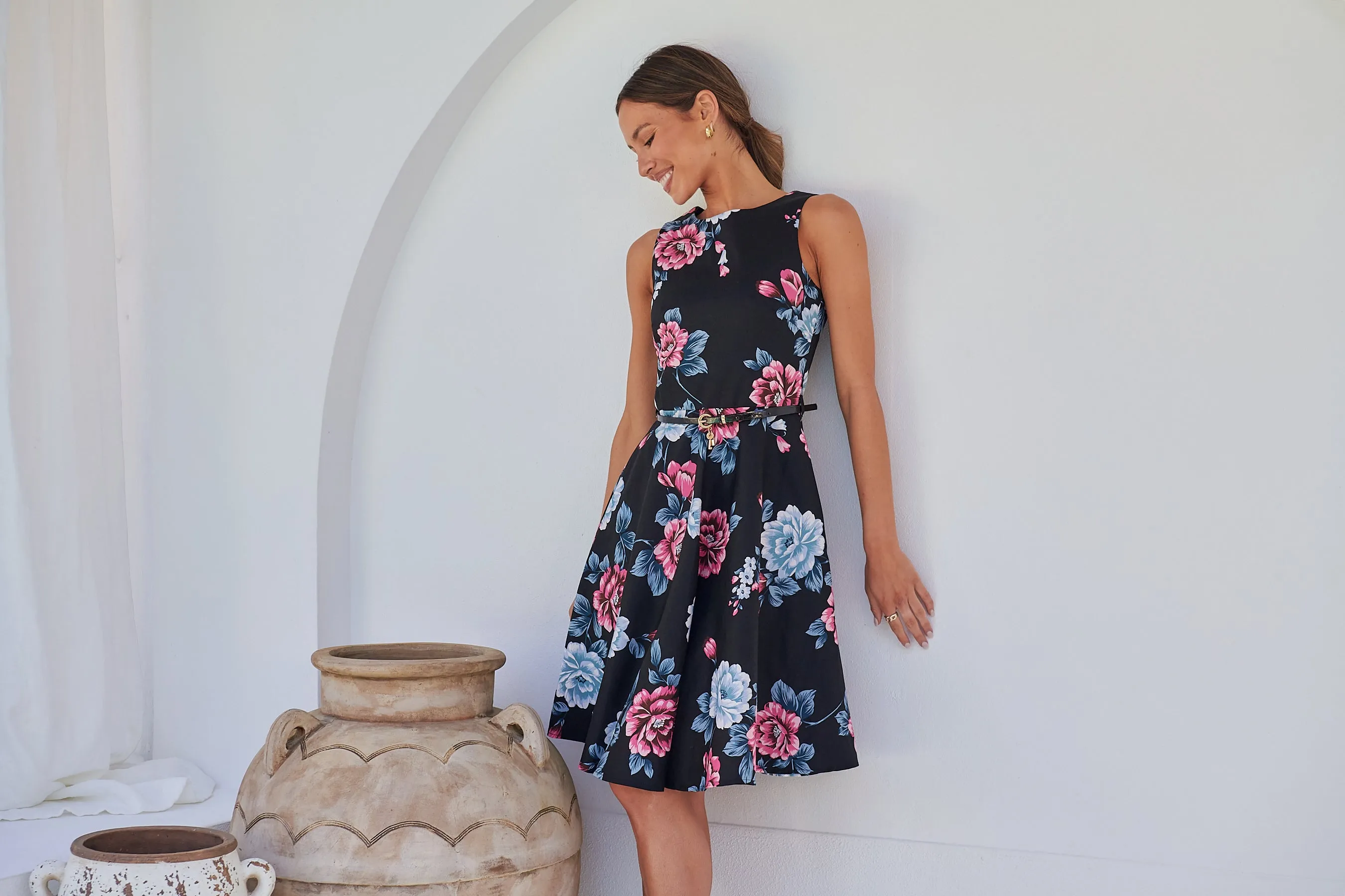 Ibigale Black/Grey/Pink Floral Belted Aline Classic Dress