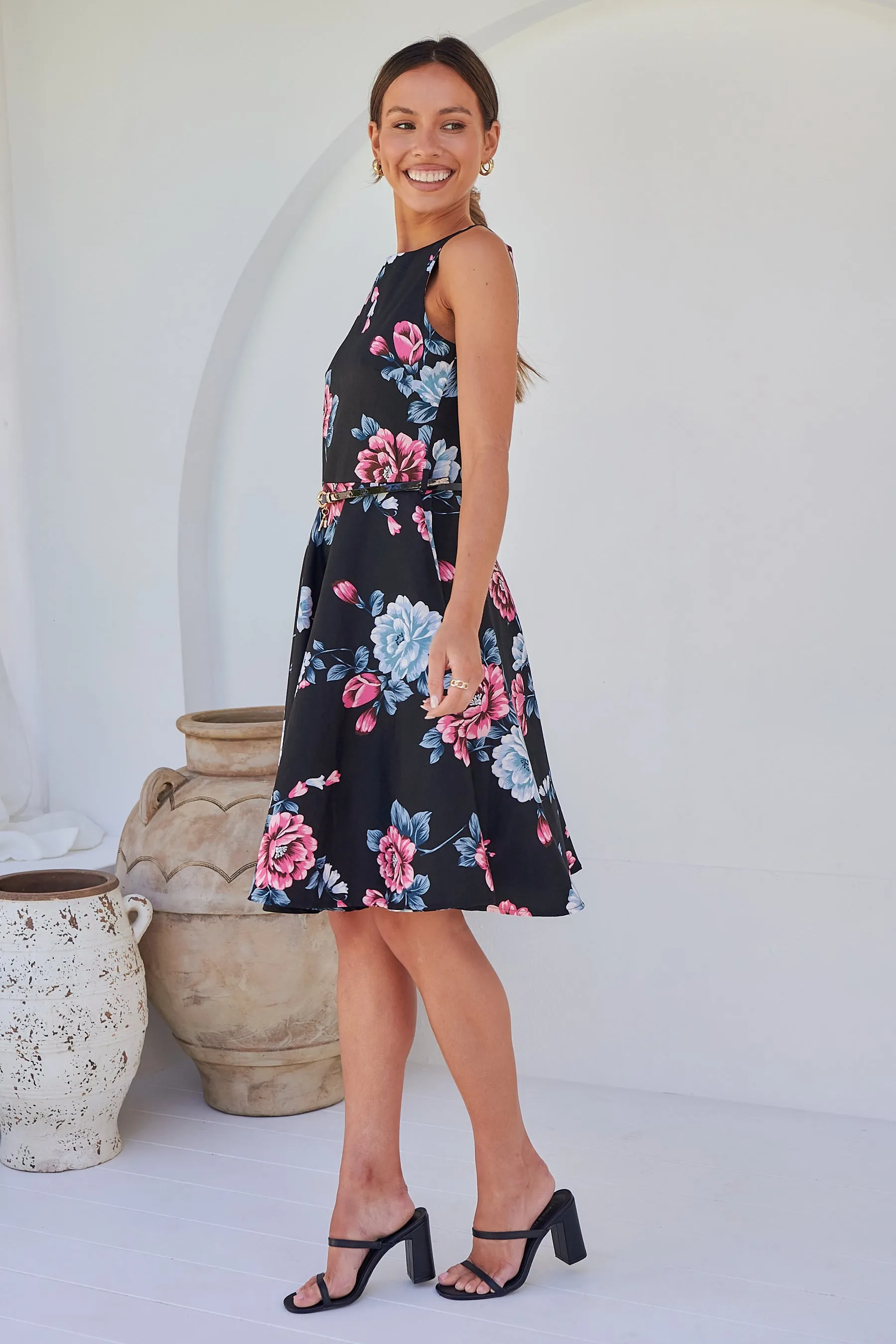 Ibigale Black/Grey/Pink Floral Belted Aline Classic Dress