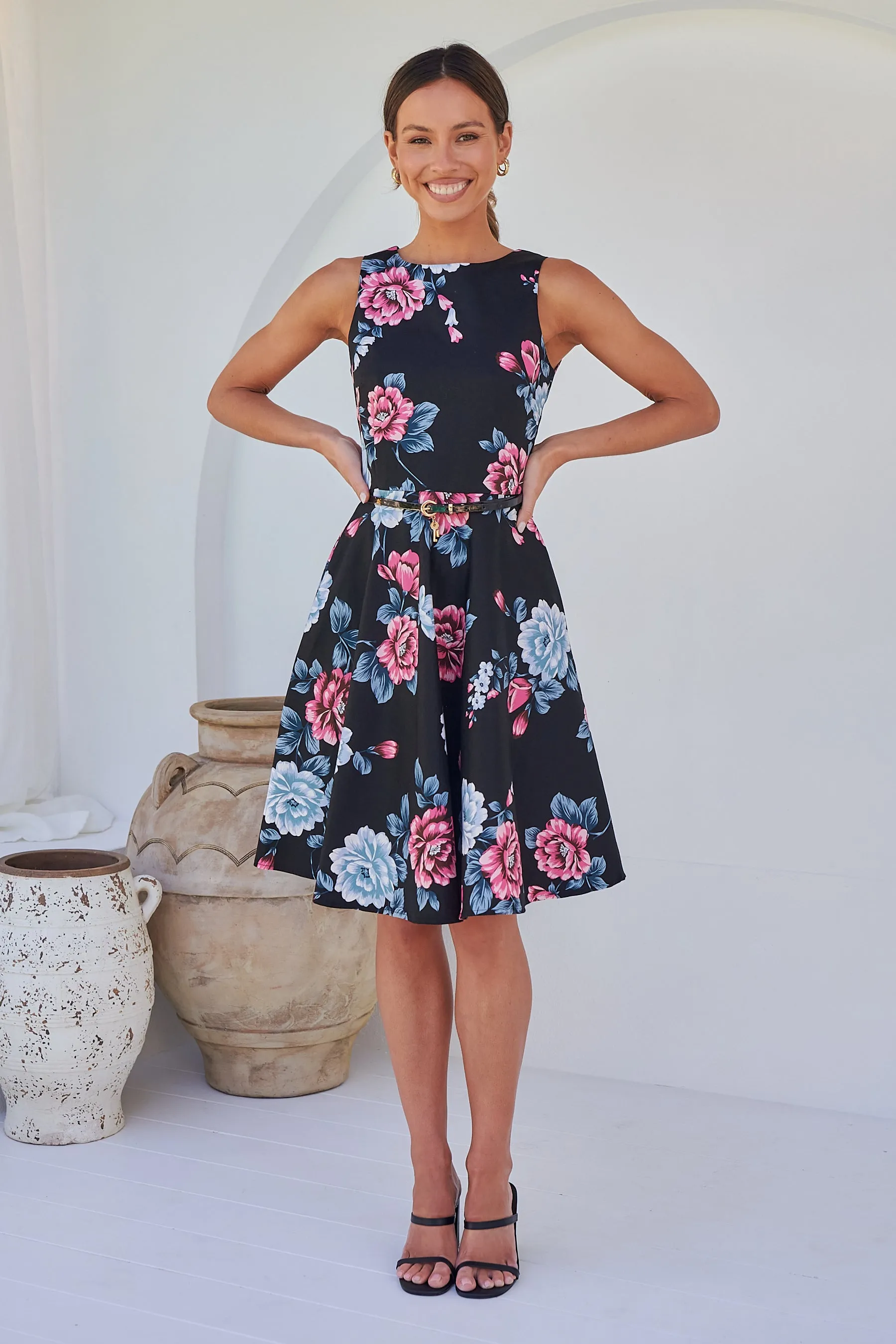 Ibigale Black/Grey/Pink Floral Belted Aline Classic Dress