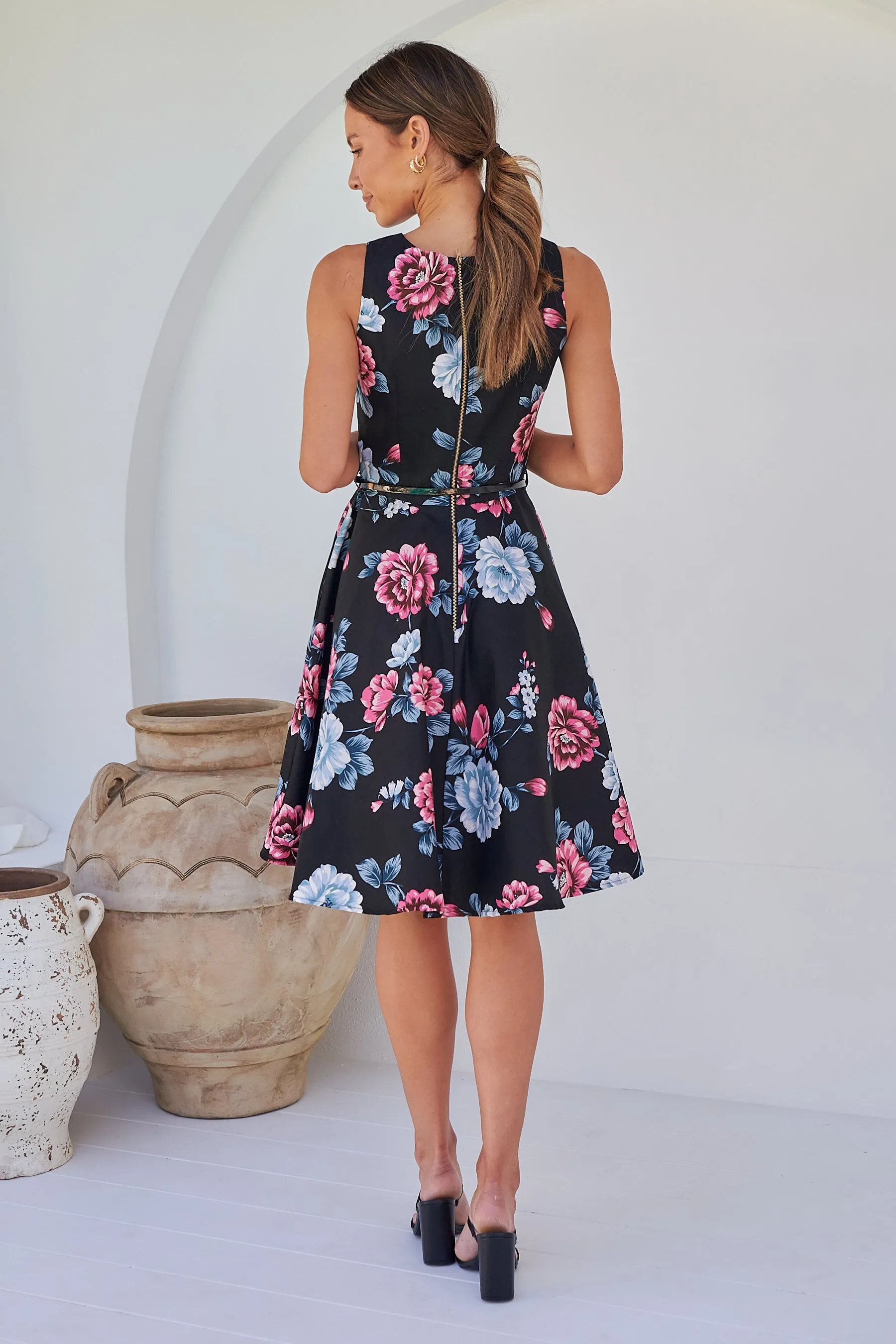 Ibigale Black/Grey/Pink Floral Belted Aline Classic Dress