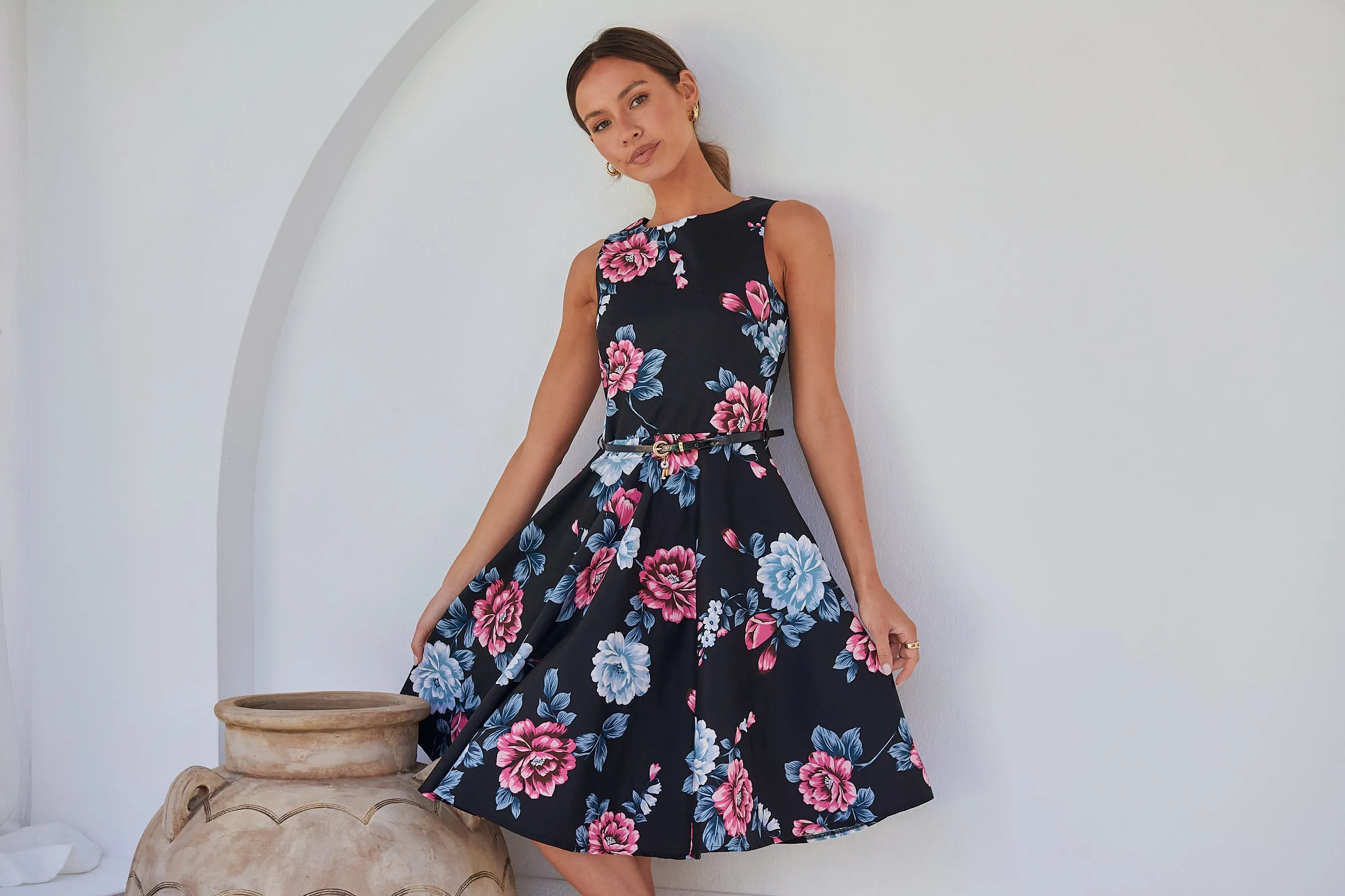 Ibigale Black/Grey/Pink Floral Belted Aline Classic Dress