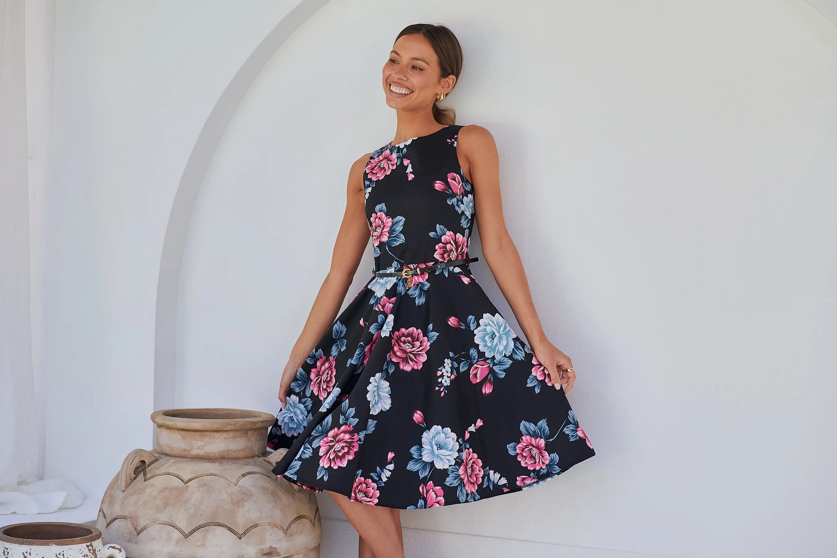 Ibigale Black/Grey/Pink Floral Belted Aline Classic Dress