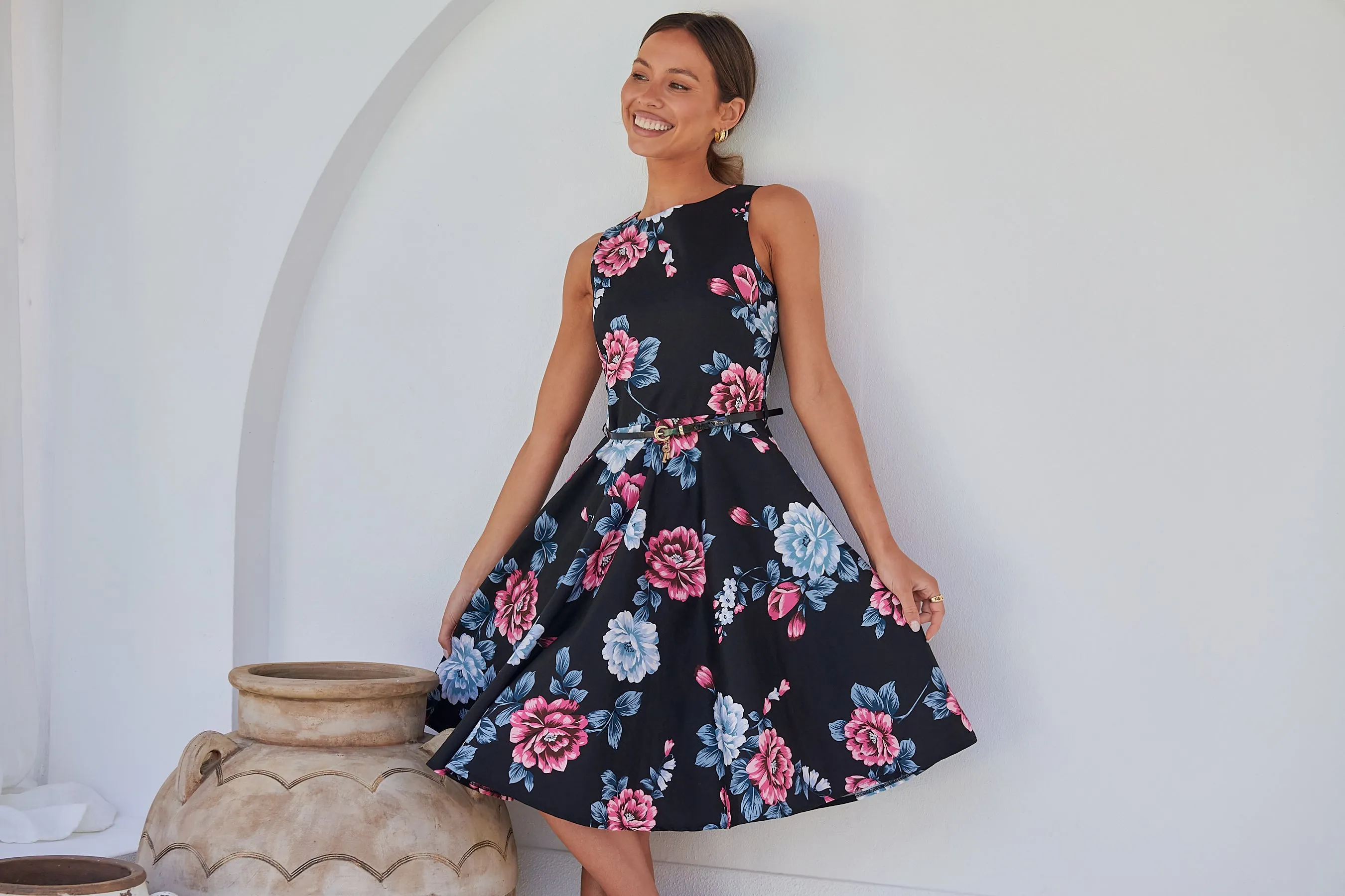 Ibigale Black/Grey/Pink Floral Belted Aline Classic Dress