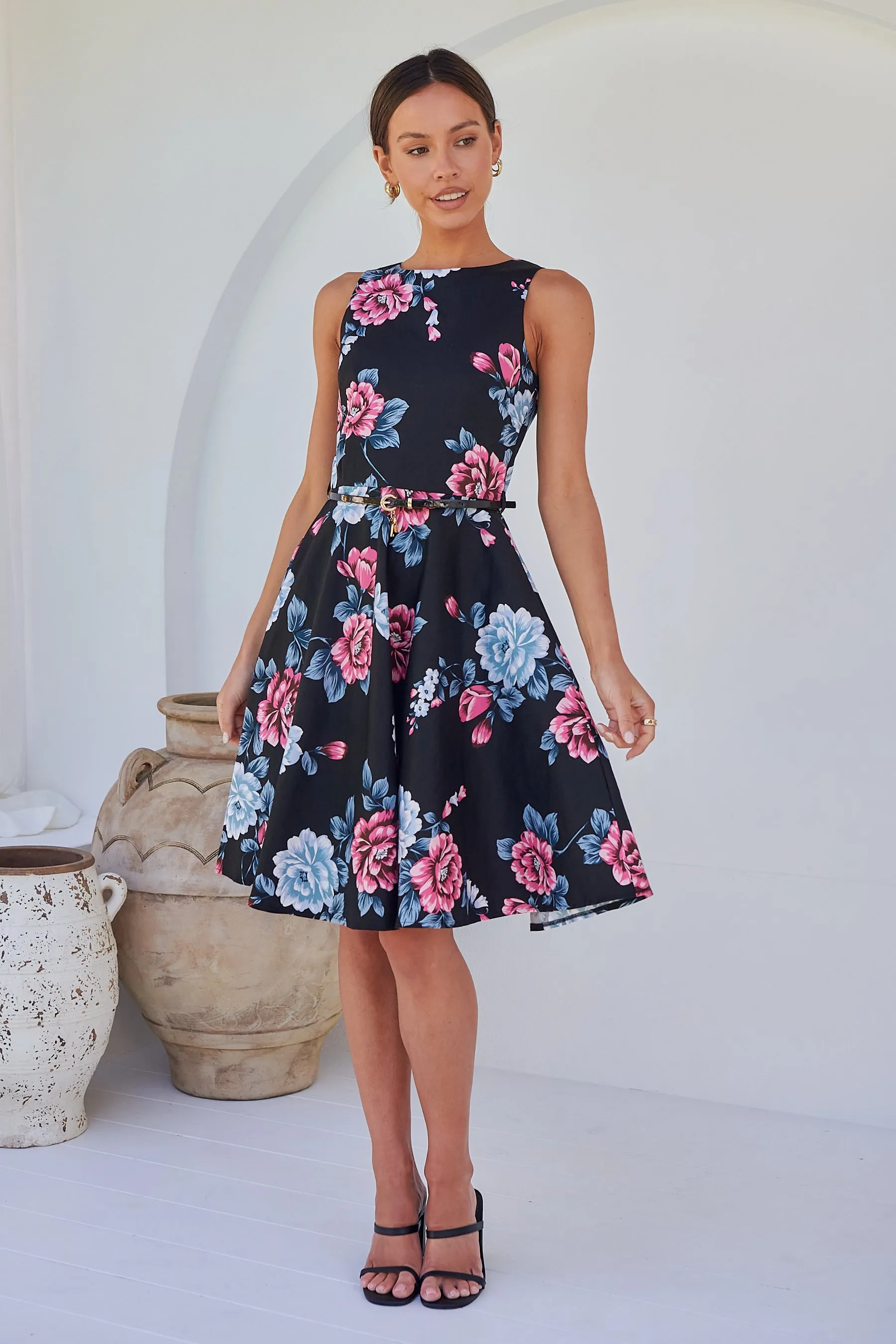 Ibigale Black/Grey/Pink Floral Belted Aline Classic Dress