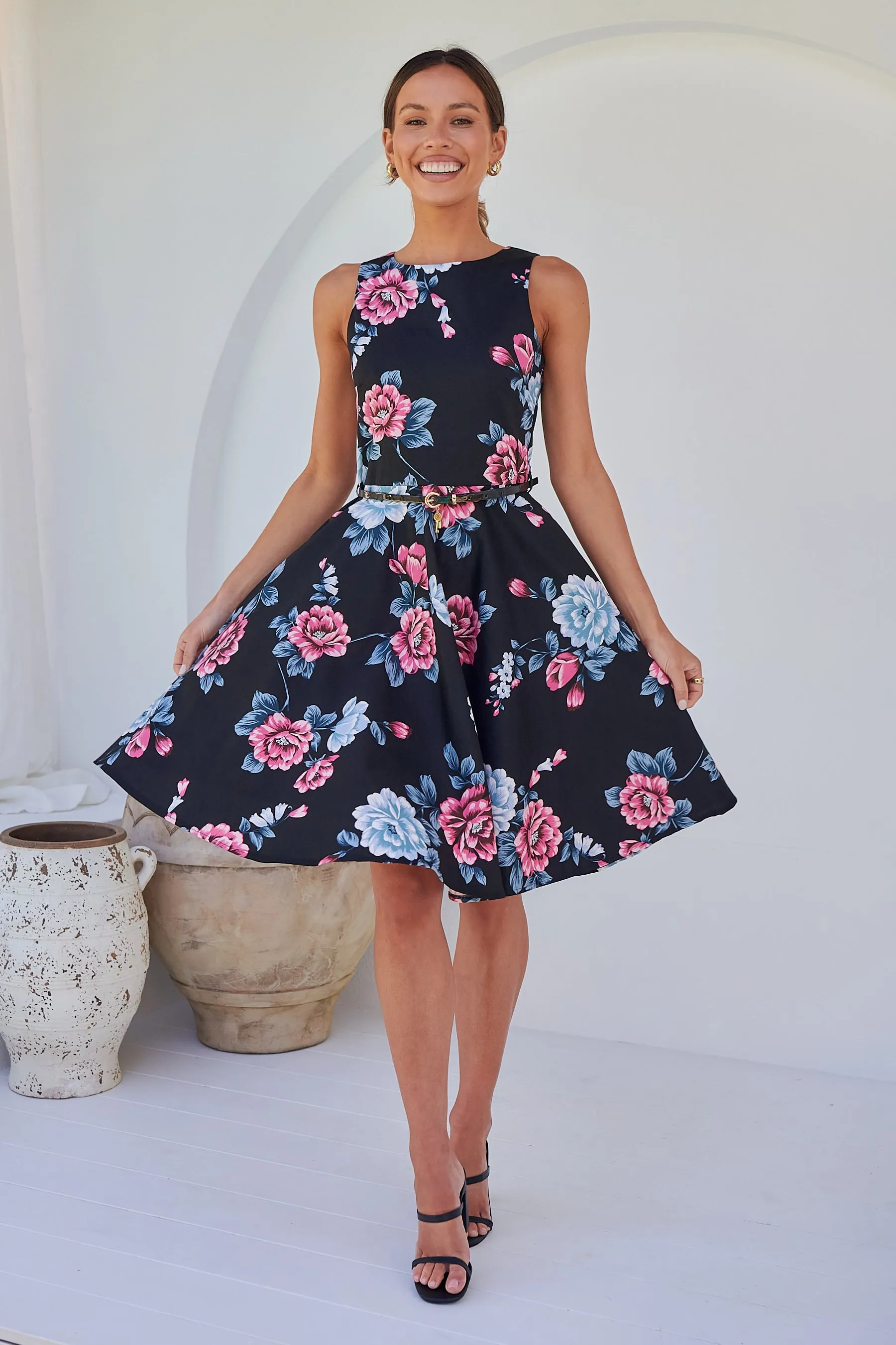 Ibigale Black/Grey/Pink Floral Belted Aline Classic Dress