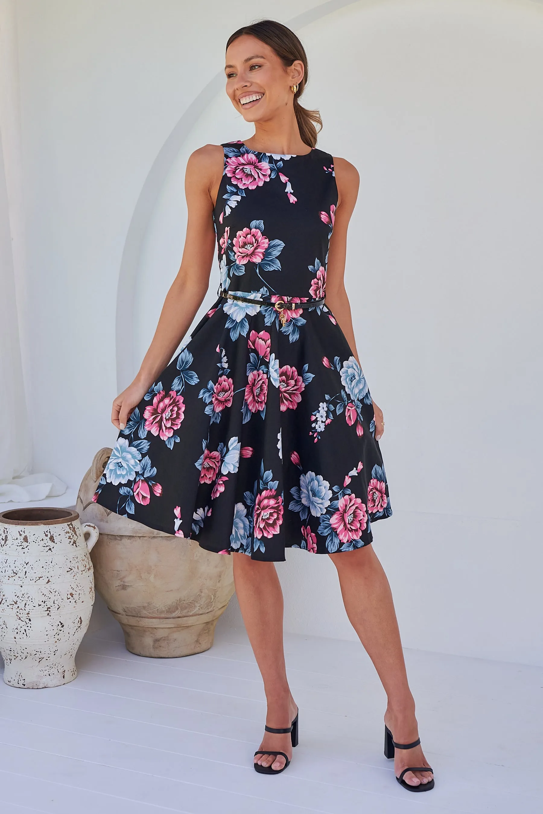 Ibigale Black/Grey/Pink Floral Belted Aline Classic Dress