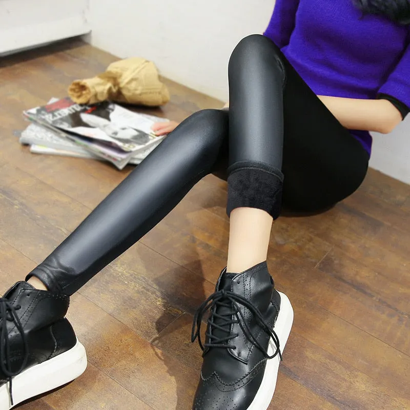 Ladies Winter Warm Thick Velvet Faux Leather Leggings Gothic Legging