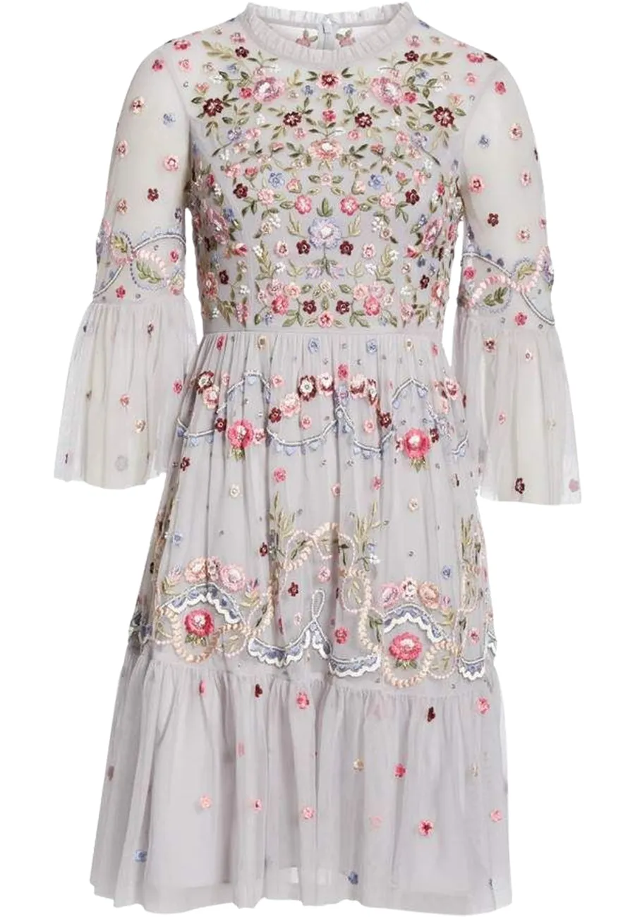 Light Grey Dreamers Floral Embroidered Midi Dress