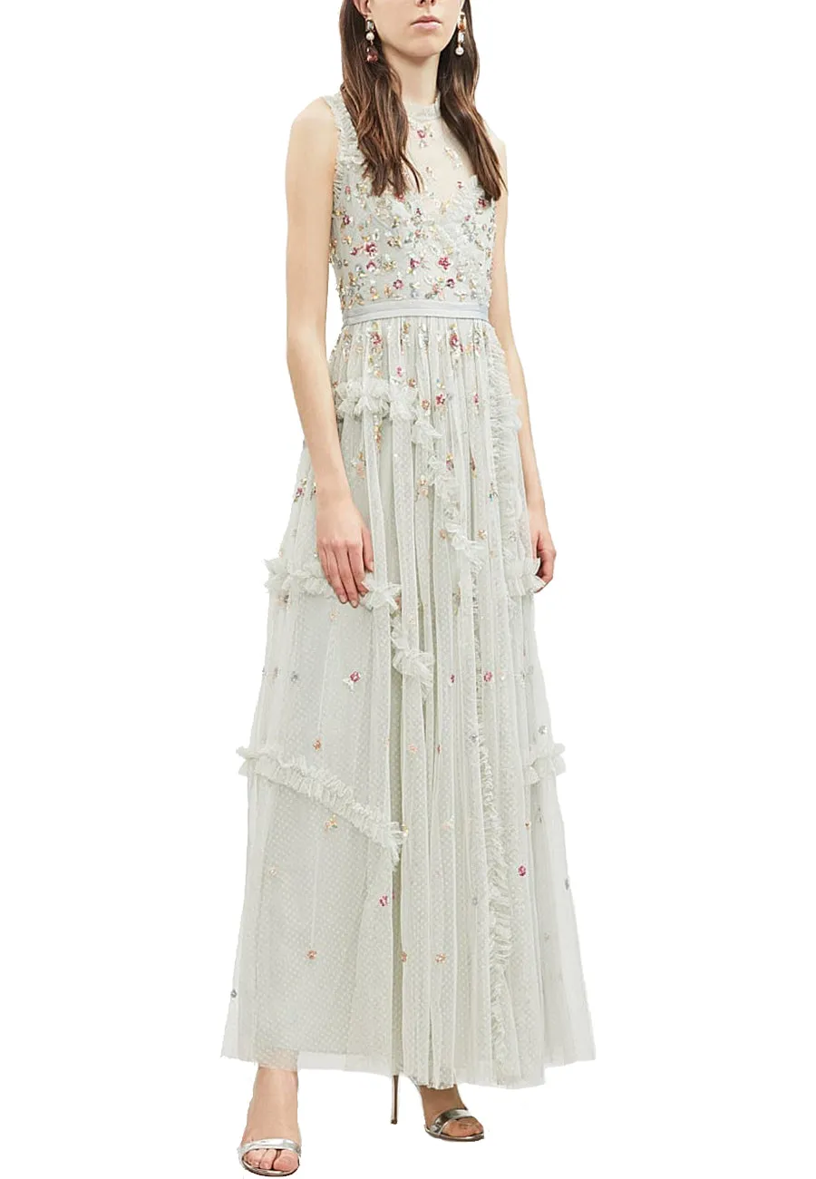 Light Grey Shimmer Ditsy Sleeveless Floral Embellished Gown