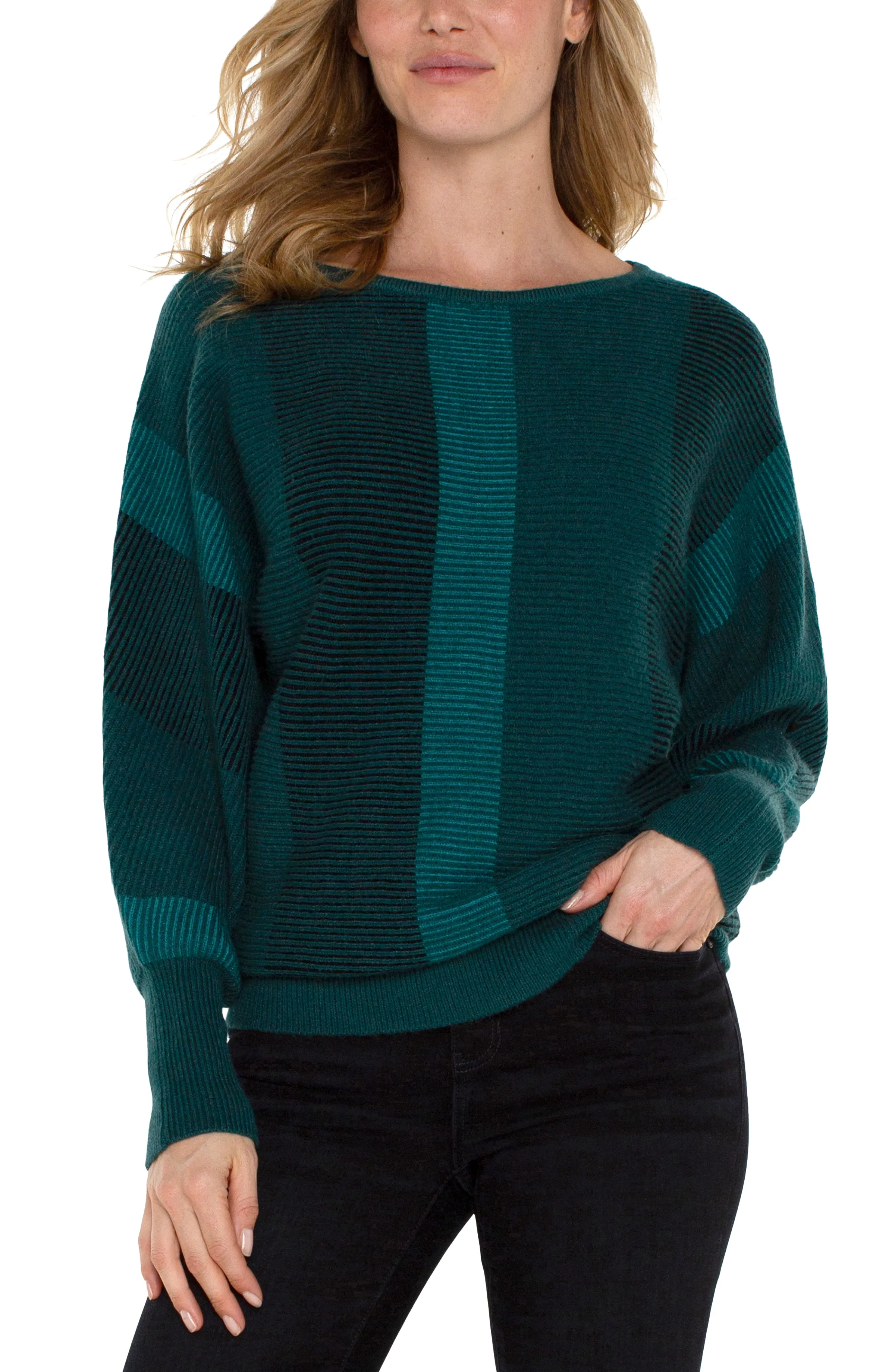 Liverpool Boat Neck Dolman Sweater w/Colorblock Detail (Malachite Multi)