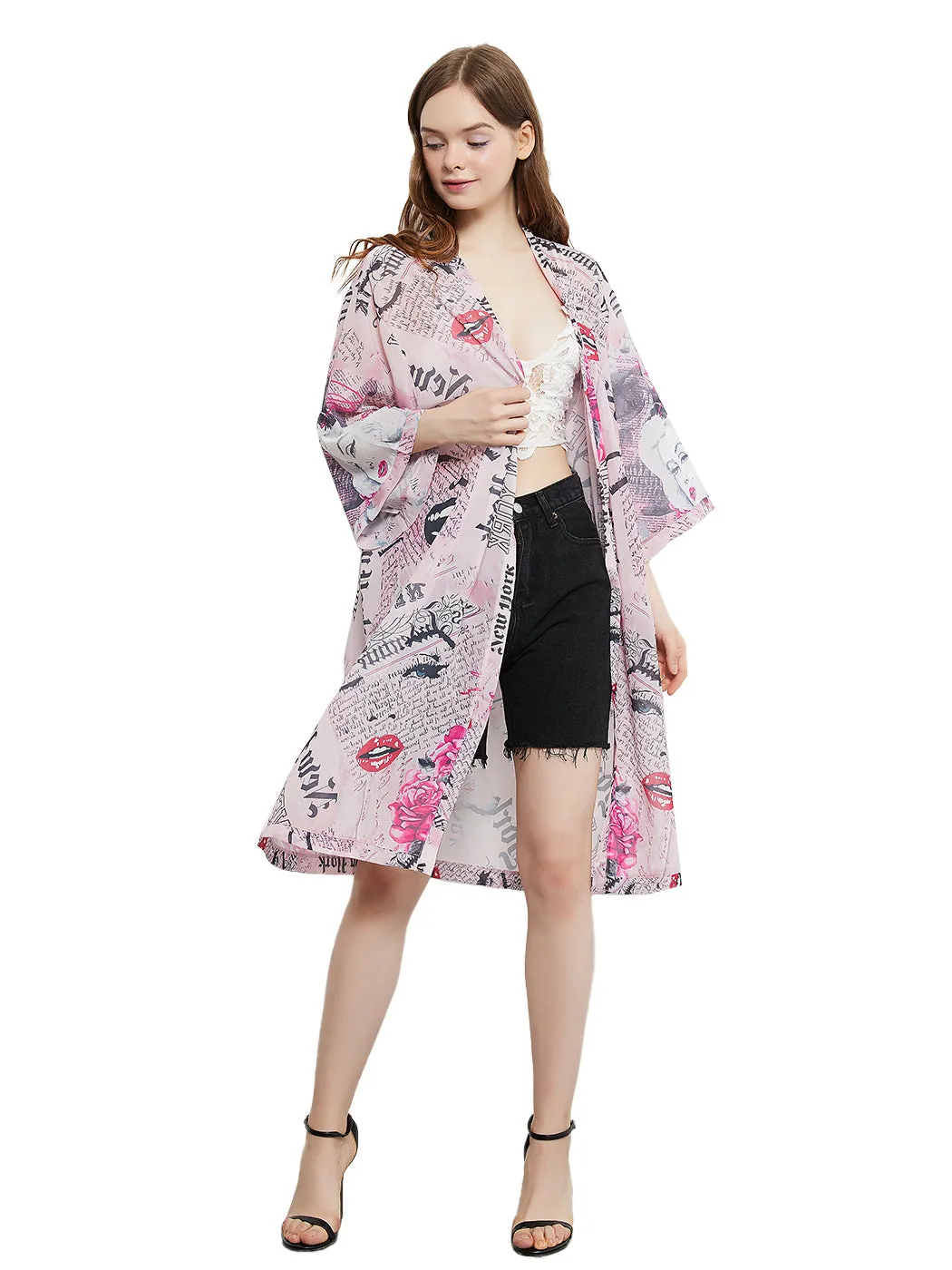 Marilyn Monroe Cardigan Beach Cover Ups Long Open Kimono with 3/4 Sleeve