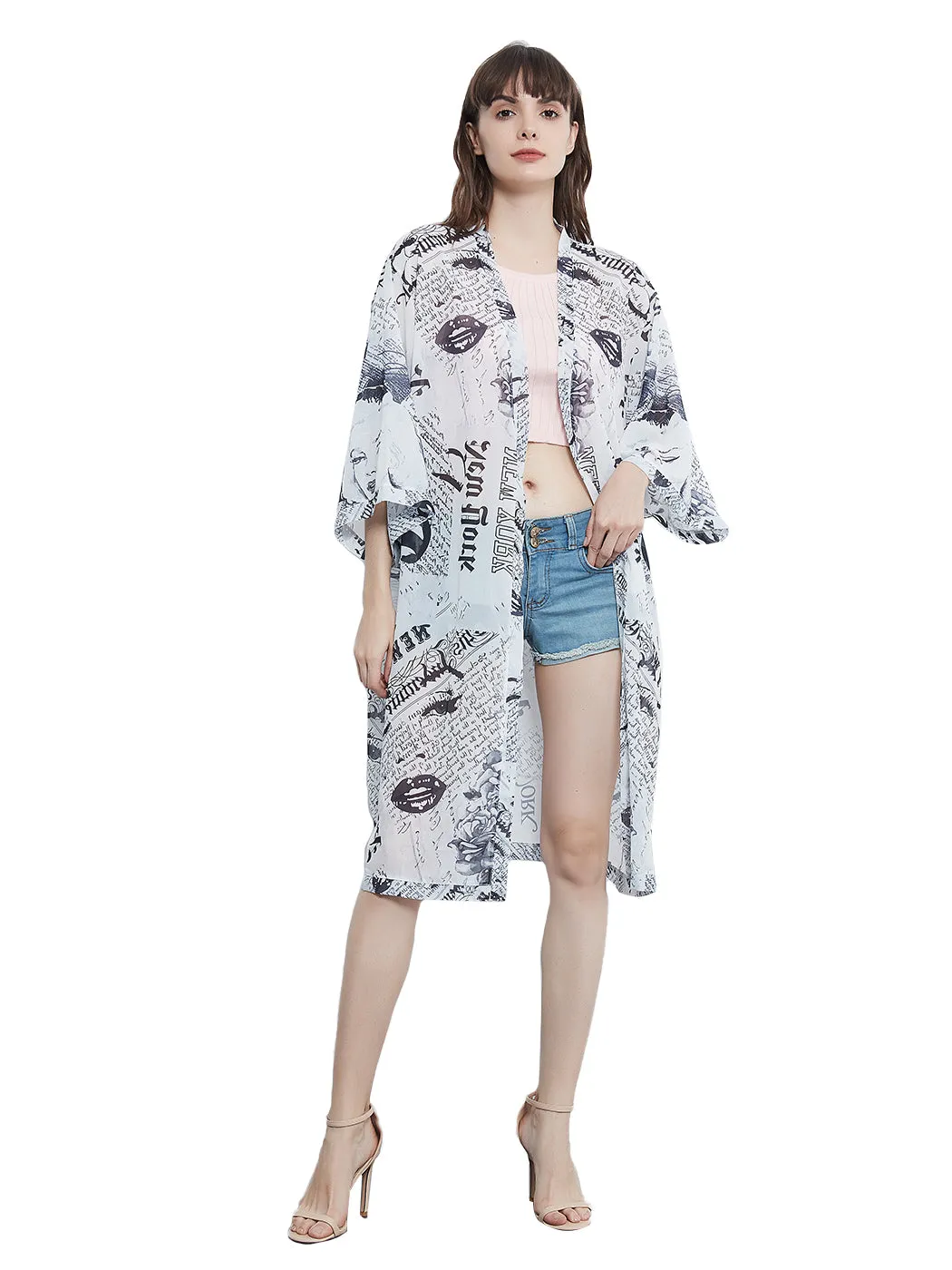 Marilyn Monroe Cardigan Beach Cover Ups Long Open Kimono with 3/4 Sleeve