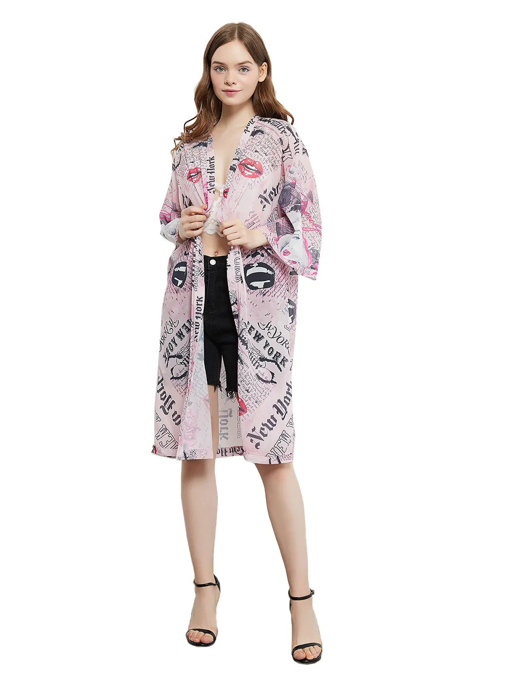 Marilyn Monroe Cardigan Beach Cover Ups Long Open Kimono with 3/4 Sleeve